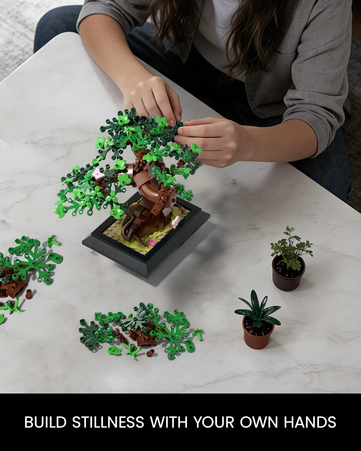 SHAREHB Bonsai Tree Building Set shows snow-covered branches for festive winter display.