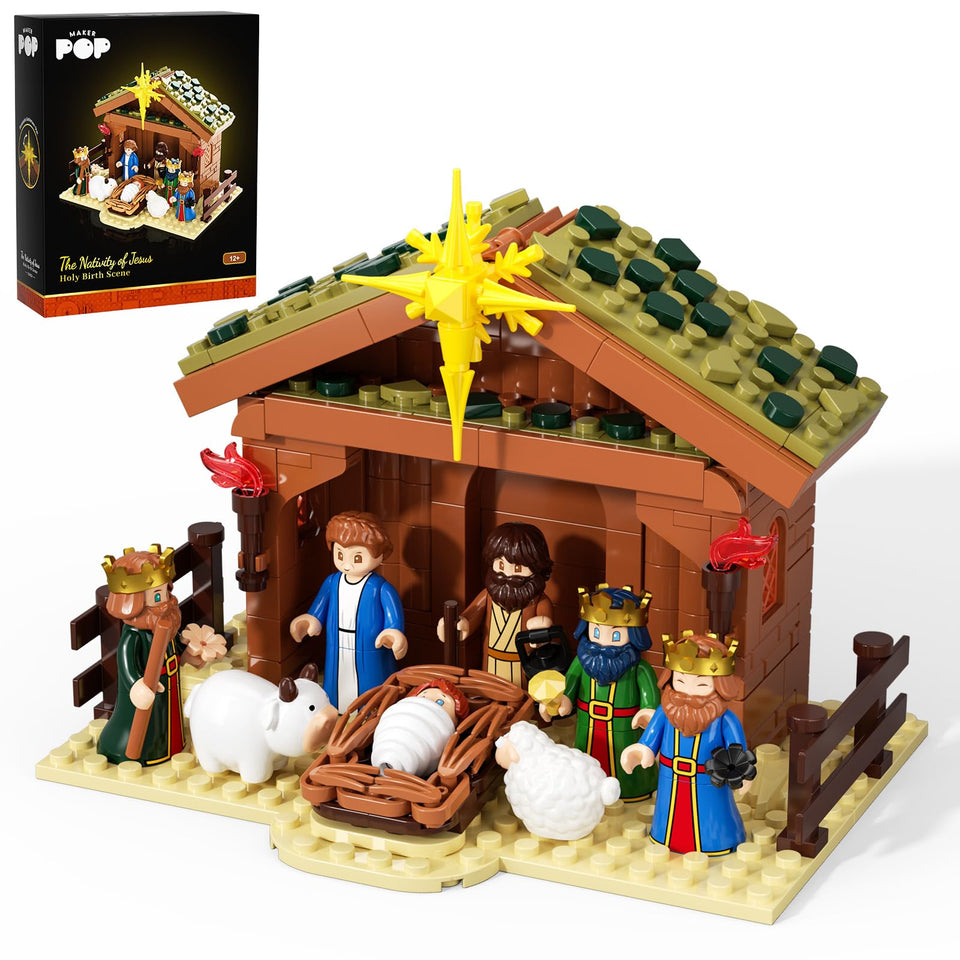 SHAREHB Jesus Building Block Set packaging shows the Nativity kit for gift-ready display.