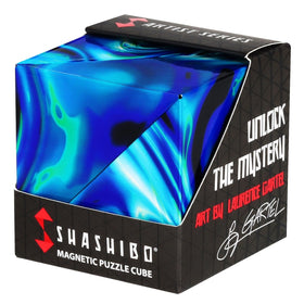 Shashibo box opened showing magnetic cubes for tactile, portable play.