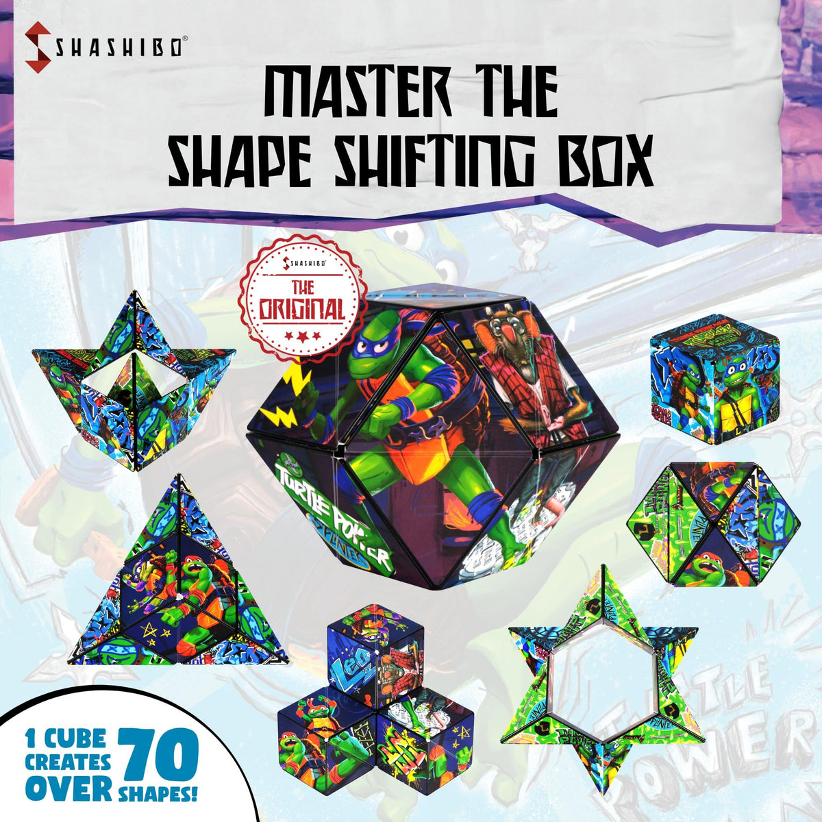 Collect and connect to build larger sculptures with Shashibo cubes.