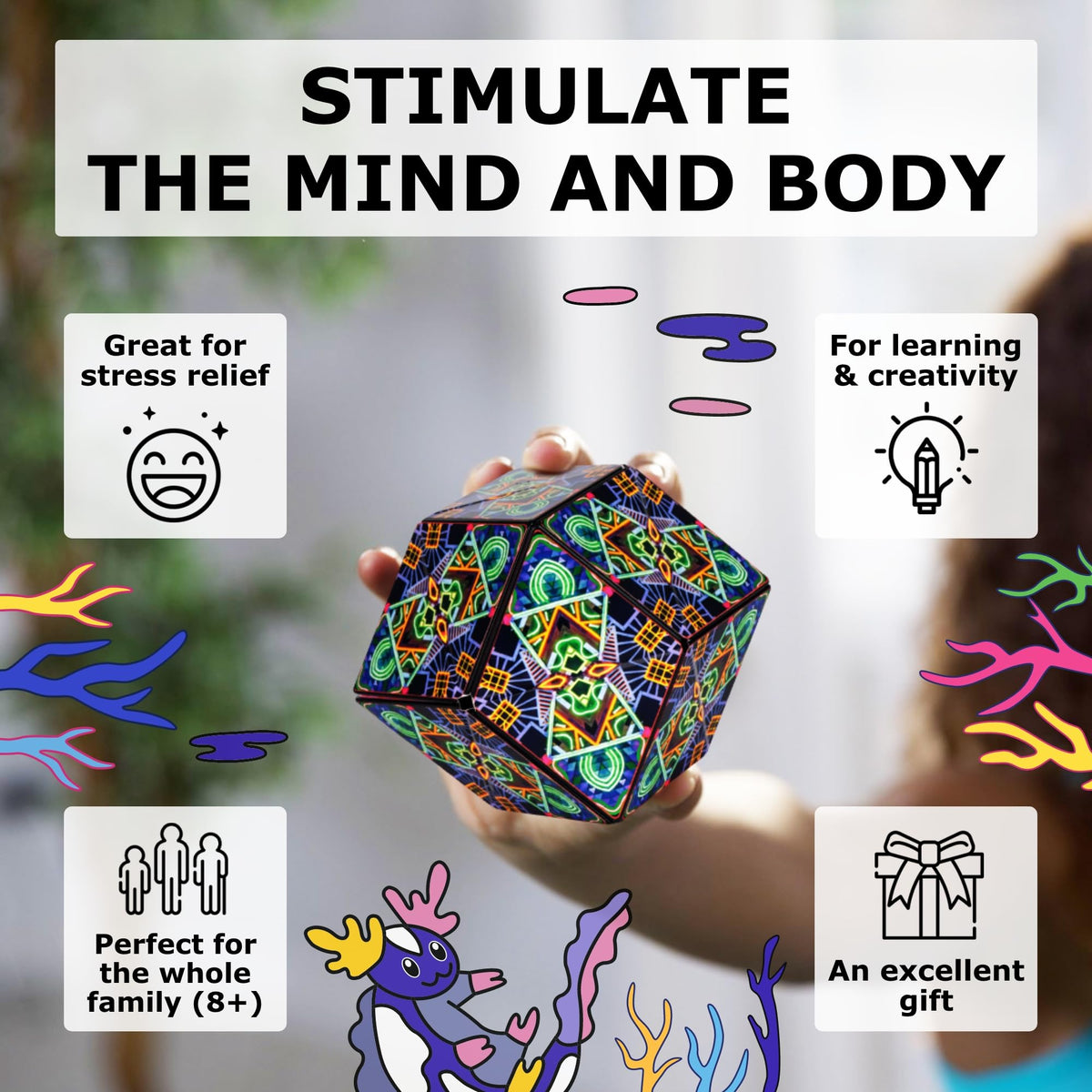 Shashibo Glowquarium 100+ shapes image demonstrates versatile sensory puzzle and problem solving.