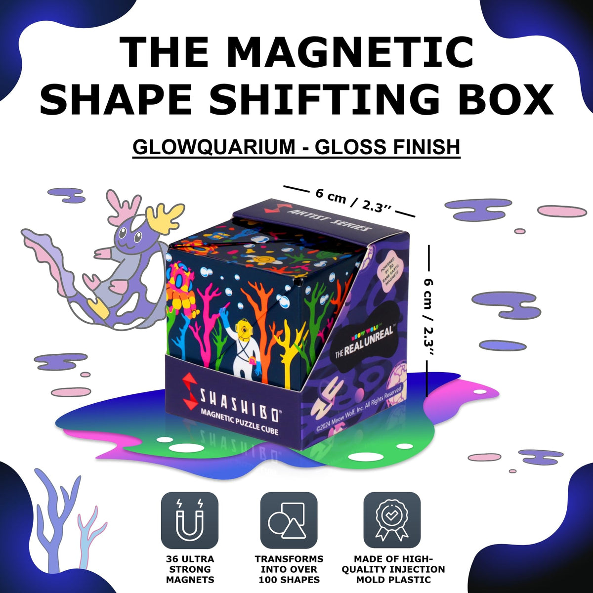 Shashibo Glowquarium magnetic cubes closeup highlights ultra-strong magnets for satisfying connections.