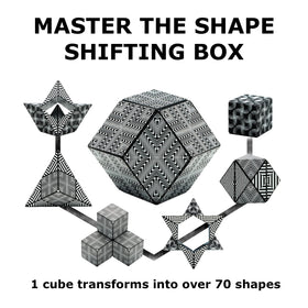 Shashibo held in hand demonstrates compact, focused fidget entertainment.