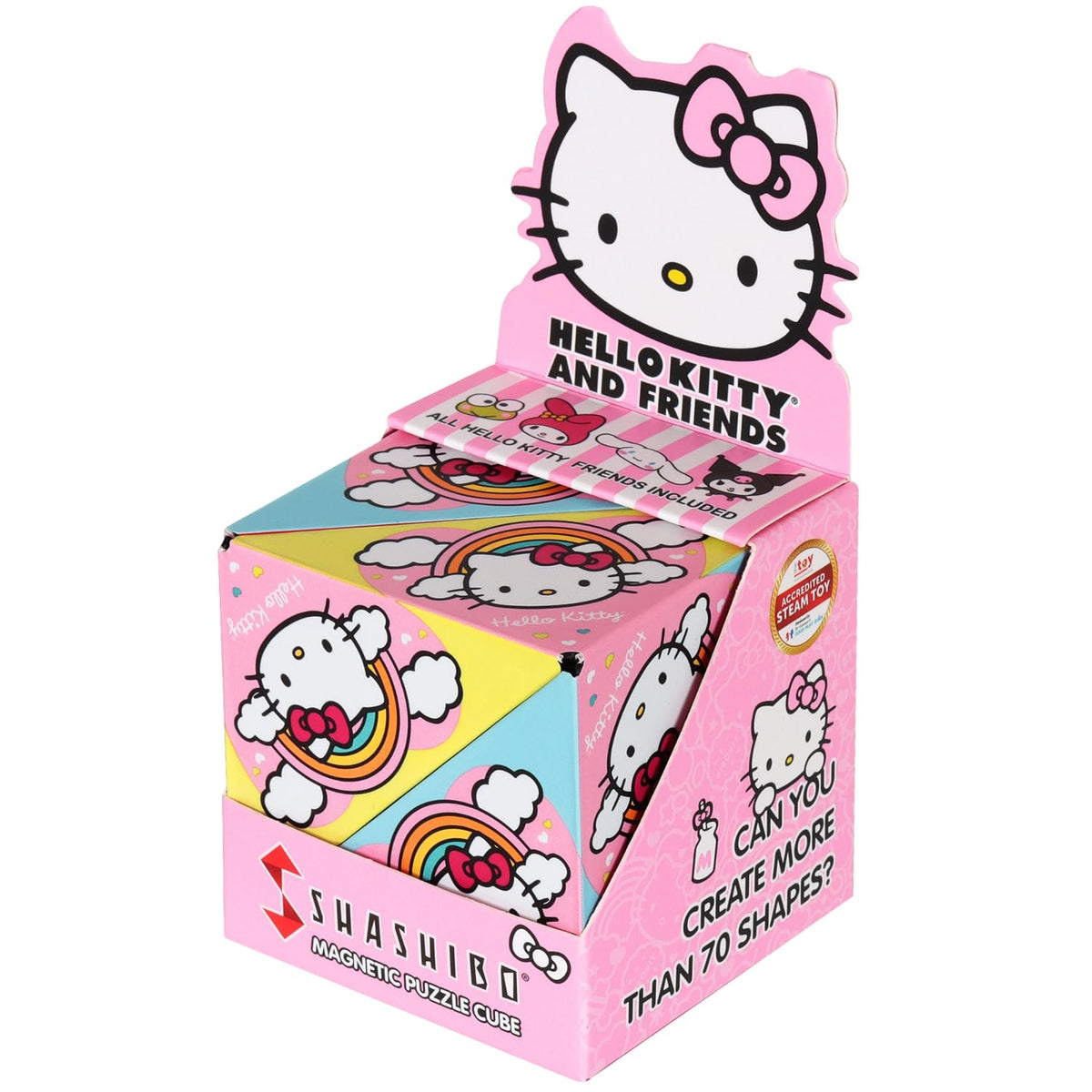 Shashibo Hello Kitty rainbow front view, a magnet cube for focused play.