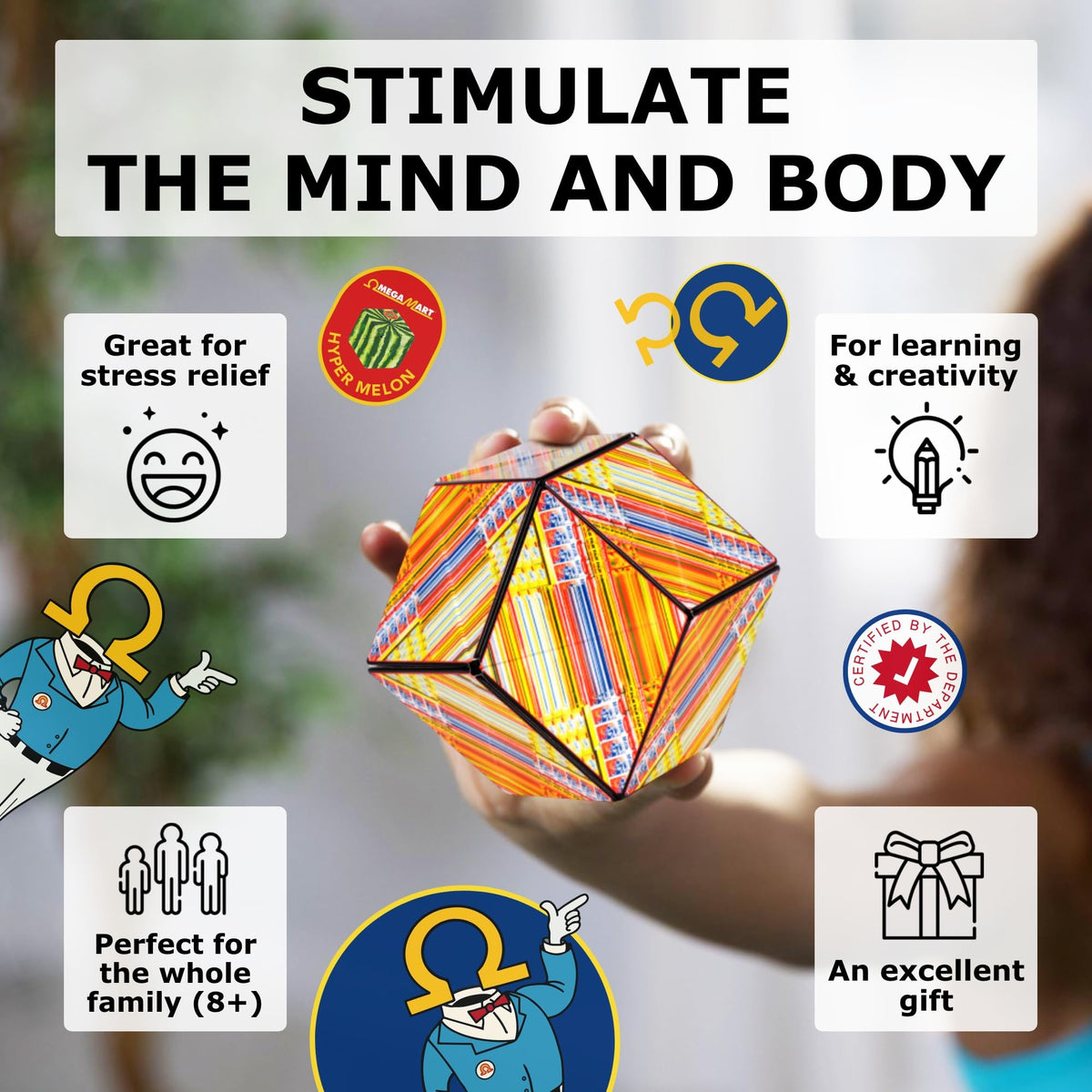 Several Shashibo cubes connected form larger magnetic sculptures for collaborative STEM fun.