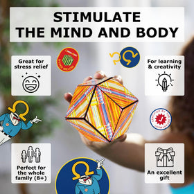 Several Shashibo cubes connected form larger magnetic sculptures for collaborative STEM fun.