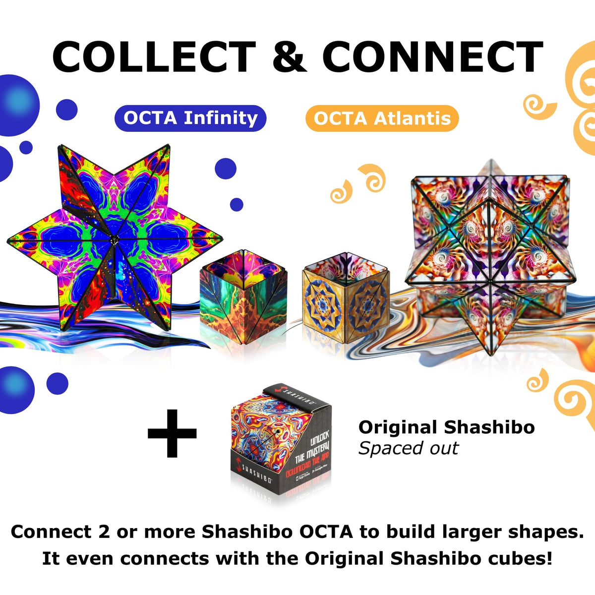 Shashibo Octa enables stacking with other cubes for bigger, creative sculptures.