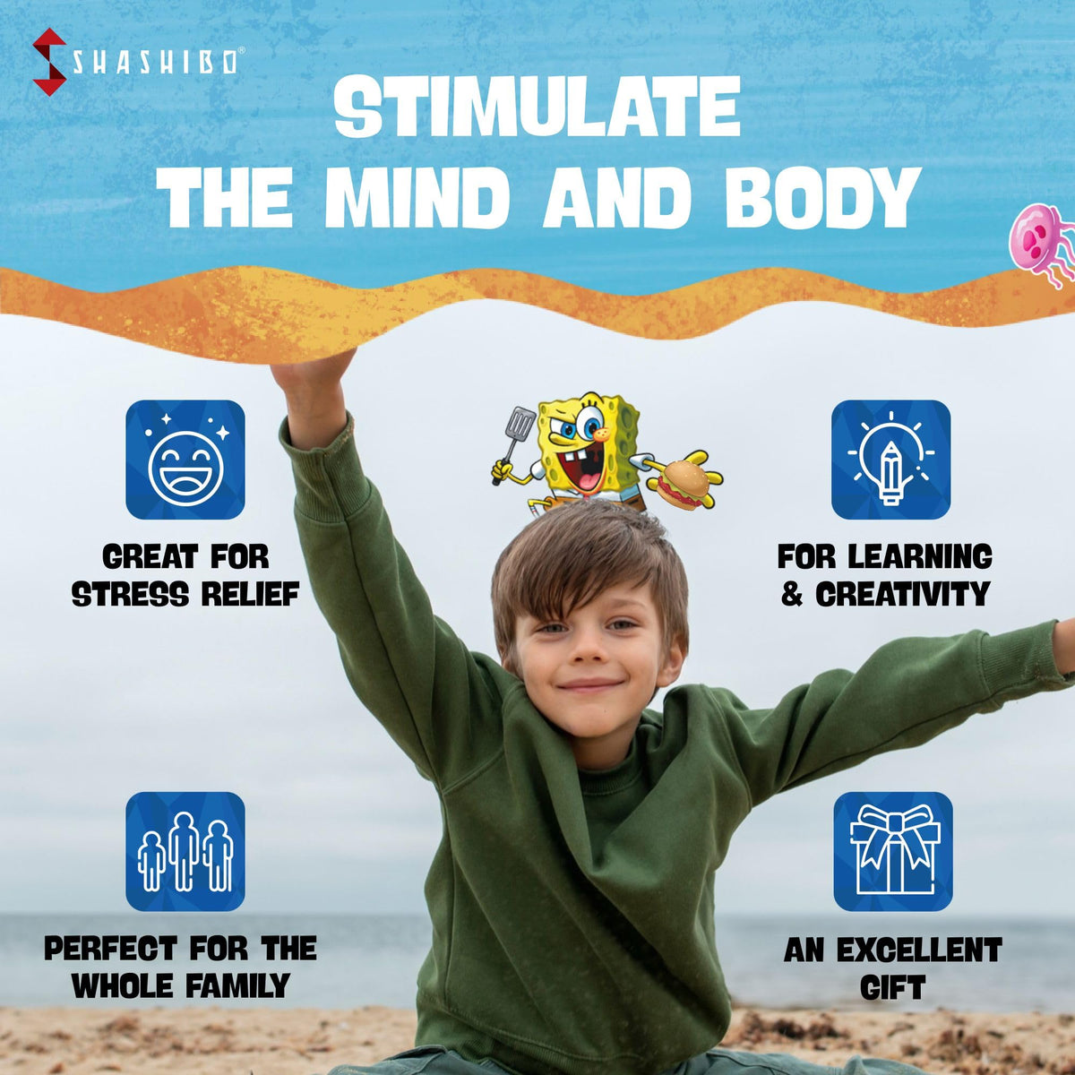 Shashibo SpongeBob magnets connect with cubes to build larger sculptures.