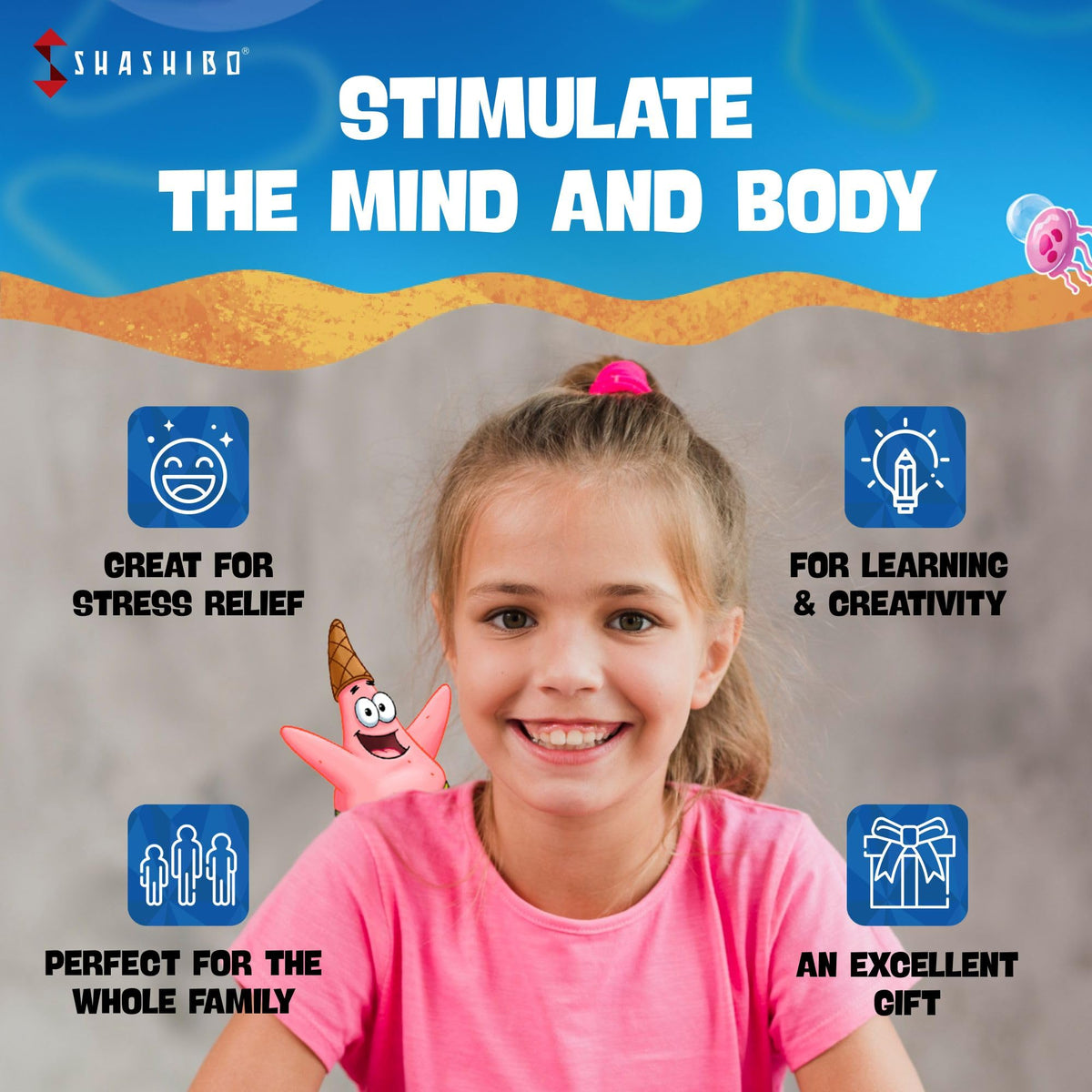 Shashibo SpongeBob SquarePants assembled structure demonstrates infinite display possibilities and brain-teasing play.