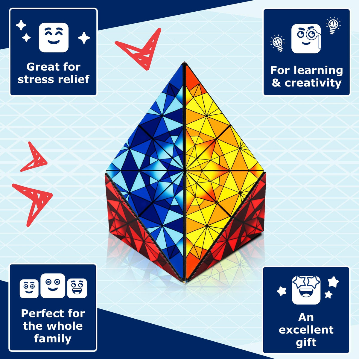 Shashibo Squared Box showcasing 3D structures, build bigger setups with multiple cubes.