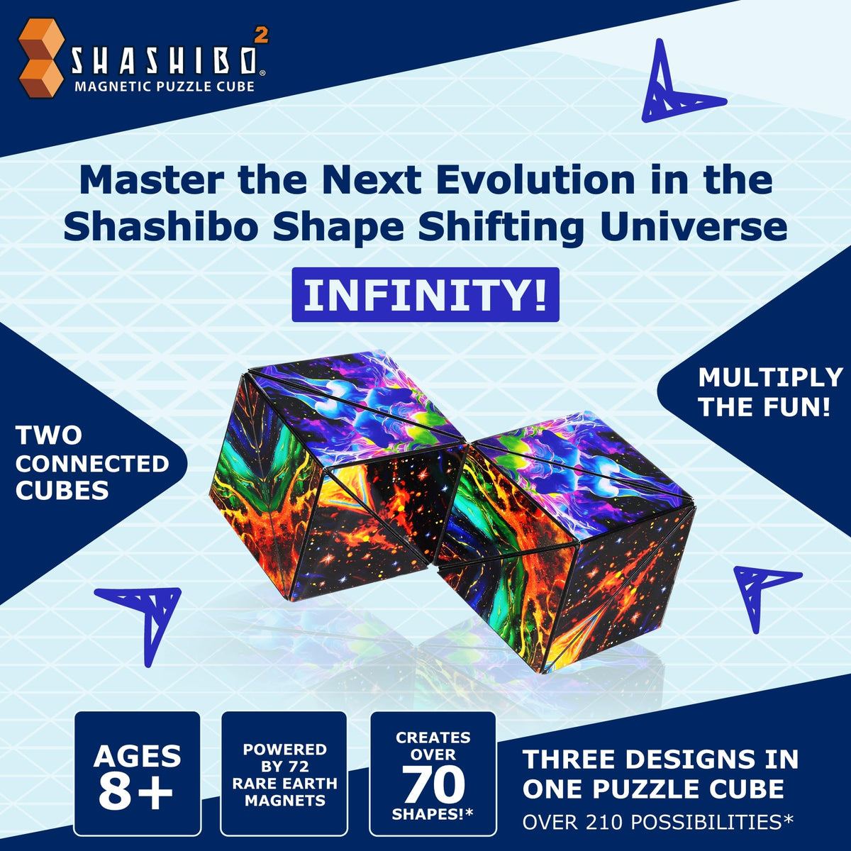 Shashibo Squared magnetic cubes reveal 72 magnets enabling endless configurations.