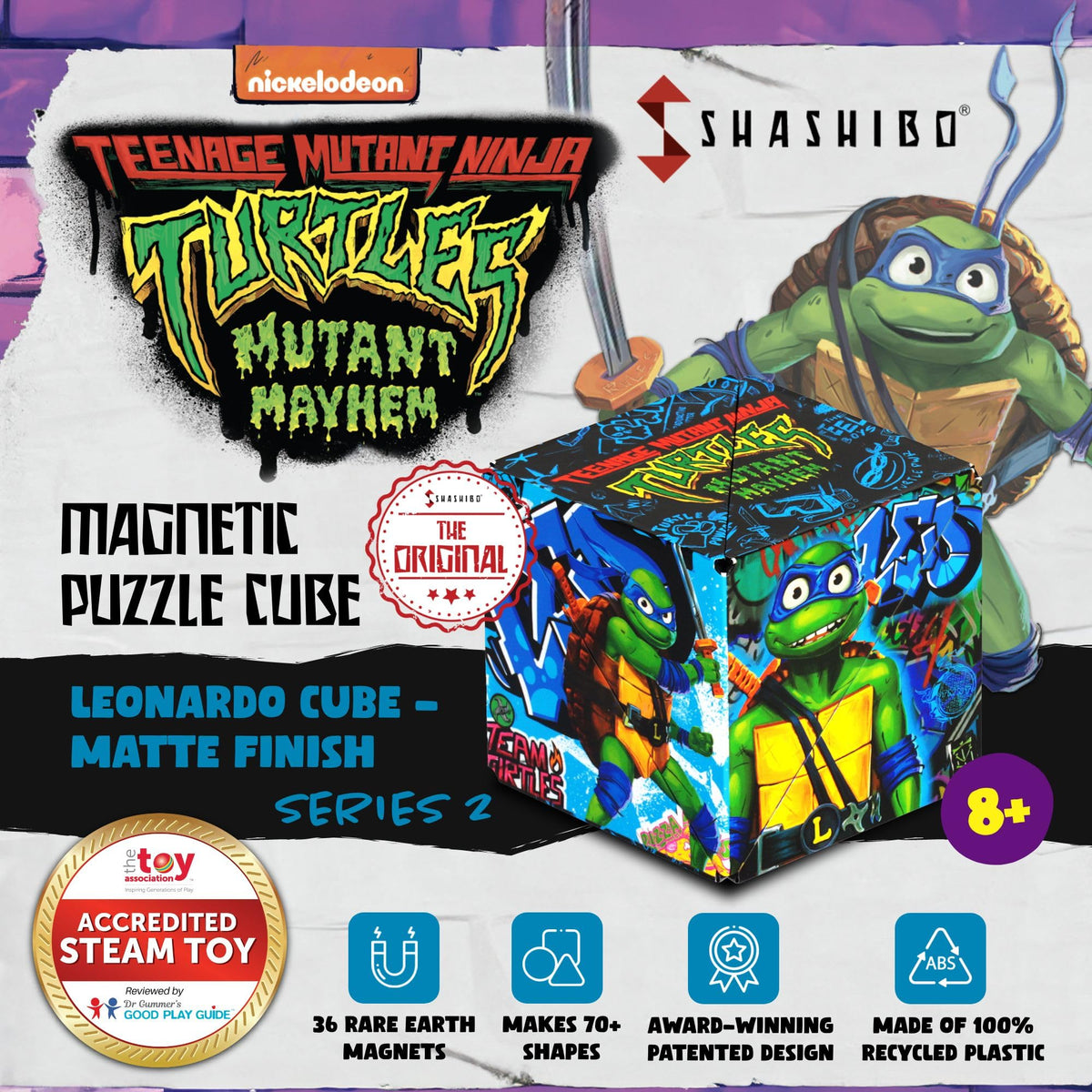 Shashibo TMNT artwork patterns highlight collectible art and engaging visual appeal.