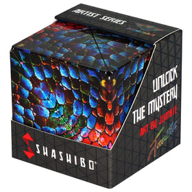 Shashibo Shape Shifting Box transforming into a sculptural magnetic cube for focused play and stress relief.