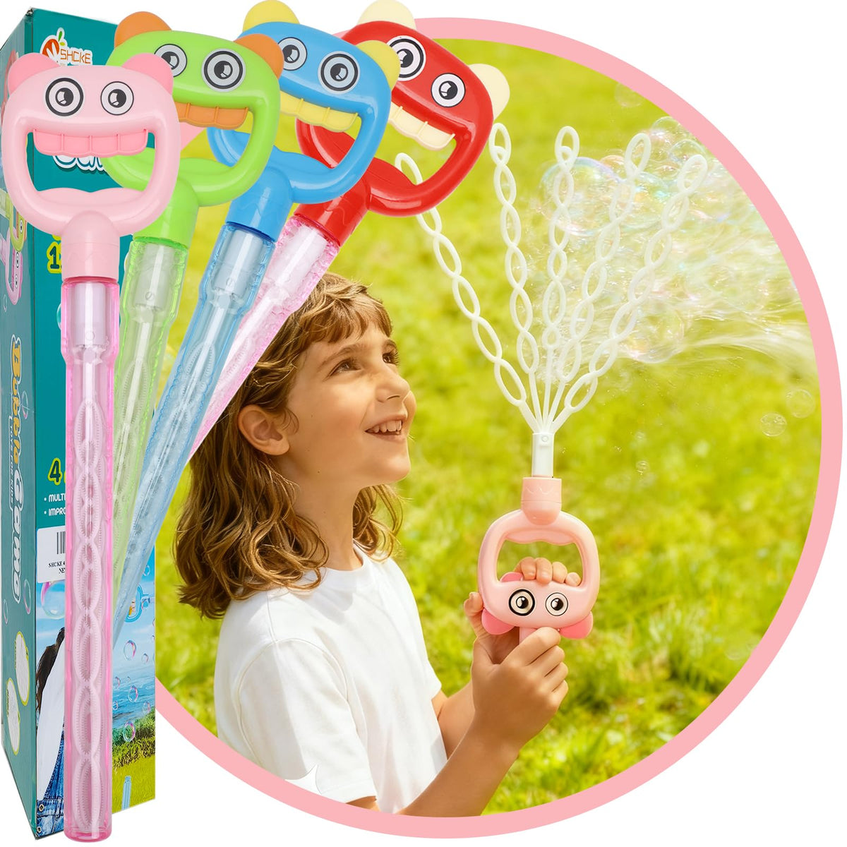SHCKE 5-Claw Bubble Wands set with four colors for outdoor play.