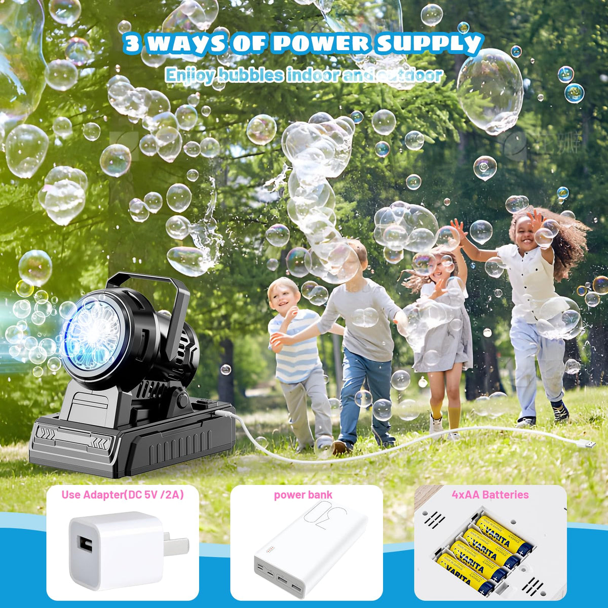SHCKE bubble machine featuring a 45-degree adjustable nozzle for higher bubbles at events