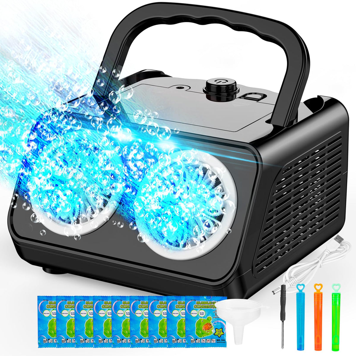 SHCKE bubble machine front view showing portable design for parties