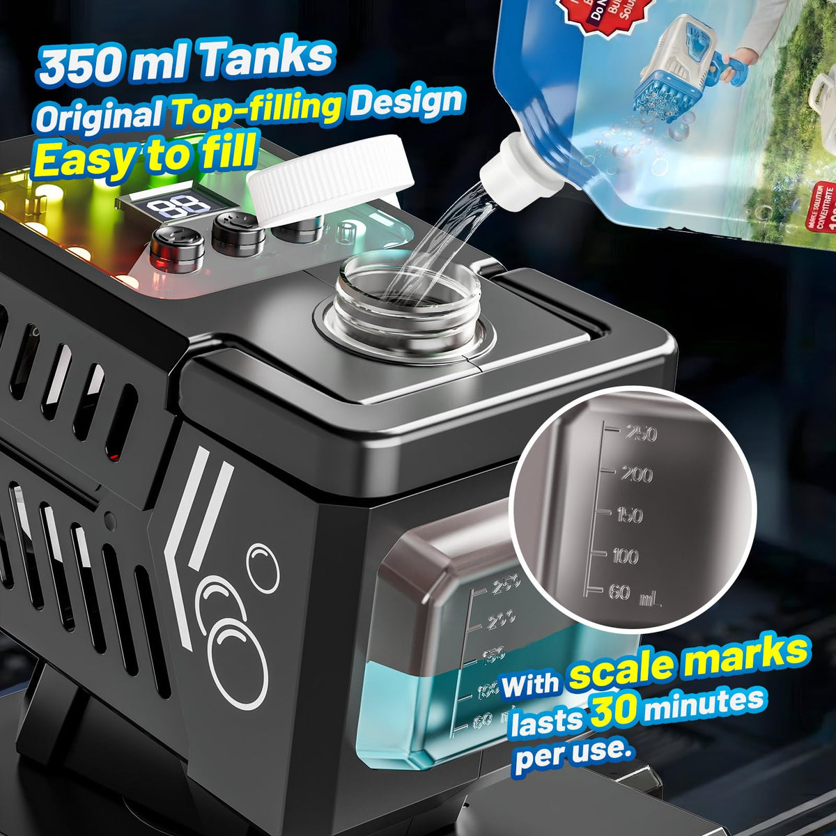 SHCKE Bubble Maker in action with 45-degree rotation for wide coverage