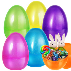 Shemira 12-pack 10-inch jumbo Easter eggs with glittery translucent shells for eye-catching displays.
