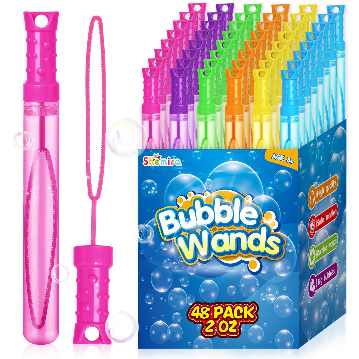 Shemira bubble wands in neon colors displayed in a sturdy box.