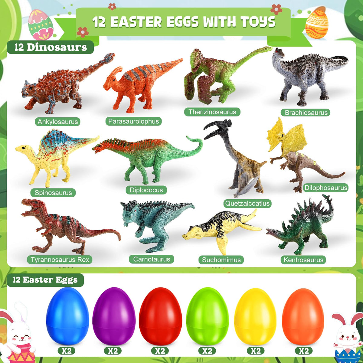 Shemira dinosaurs inside eggs showcasing varied prehistoric figures for kids.