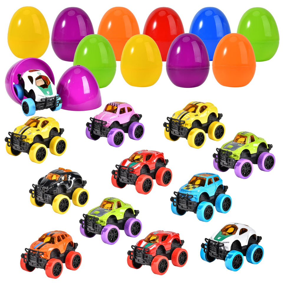 Shemira Easter eggs filled with pull-back monster cars for egg hunts.