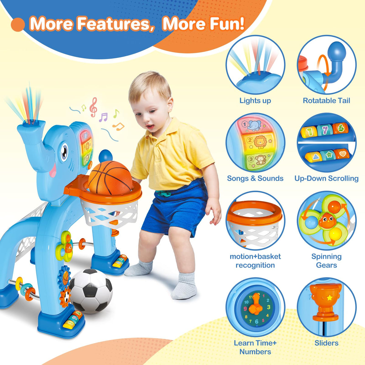 Shemira elephant toy with rotating patterns for visual fun and fine motor practice.