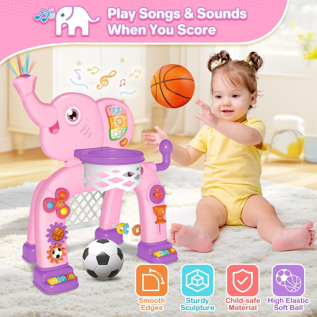 Shemira toddler hoop set helps motor skills through scoring and goal-reaction play.