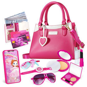 Shemira Play Purse pink front view showing accessories for imaginative play