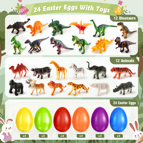 Shemira prefilled eggs showcasing a variety of dinosaurs and animal toys for curious kids.