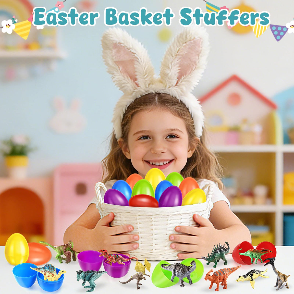 Shemira prefilled Easter eggs with dinosaur toys for quick celebrations.