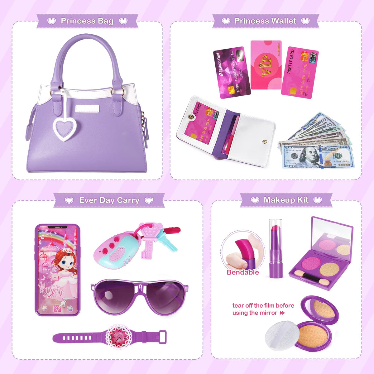 Shemira purse toy set in soft PVC with smooth zipper.