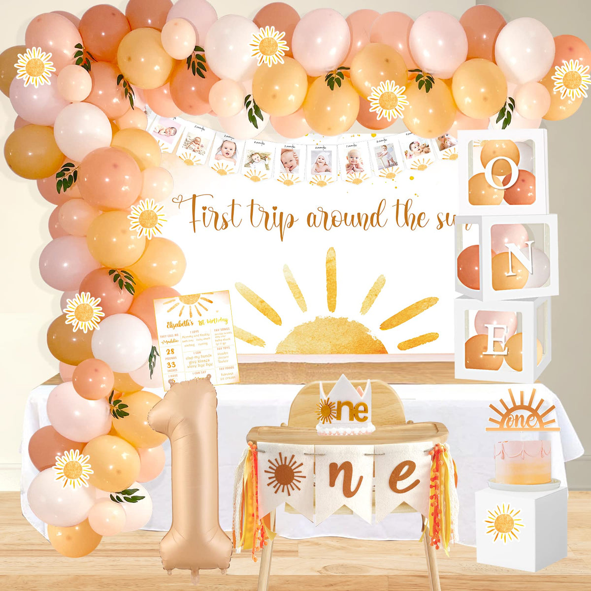Shempeium balloon box backdrop for first trip around the sun, elevating party photo moments.