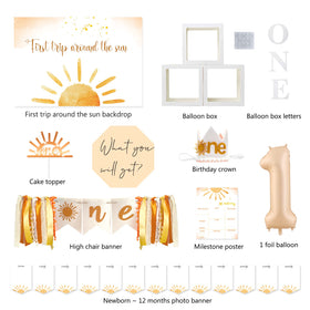 Shempeium boho sun banner for 1st birthday, adds charming focal point to celebration.