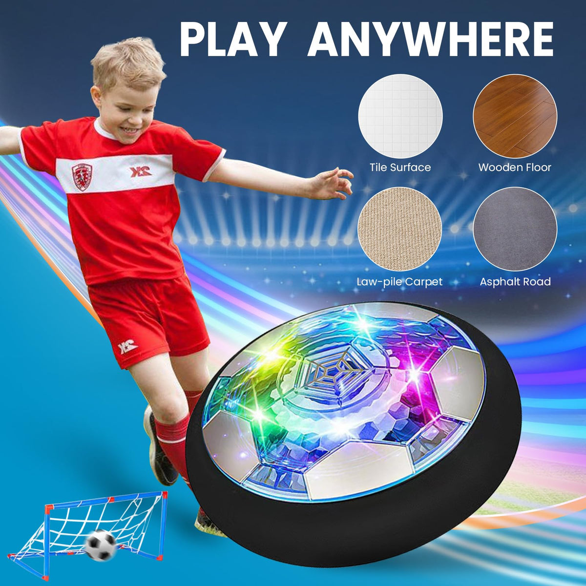 SHENSE Hover Soccer Ball Set detachable goals frame a compact playfield.