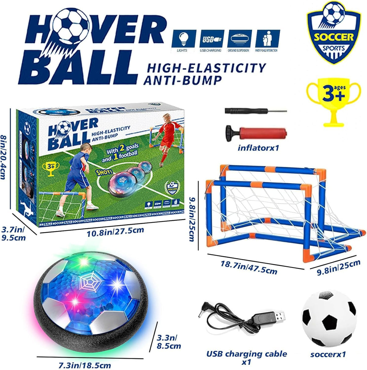 SHENSE Hover Soccer Ball Set rechargeable motor supports smooth indoor gliding.