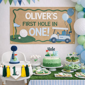 Sherkarmiu tabletop backdrop enhances golf birthday party table styling.