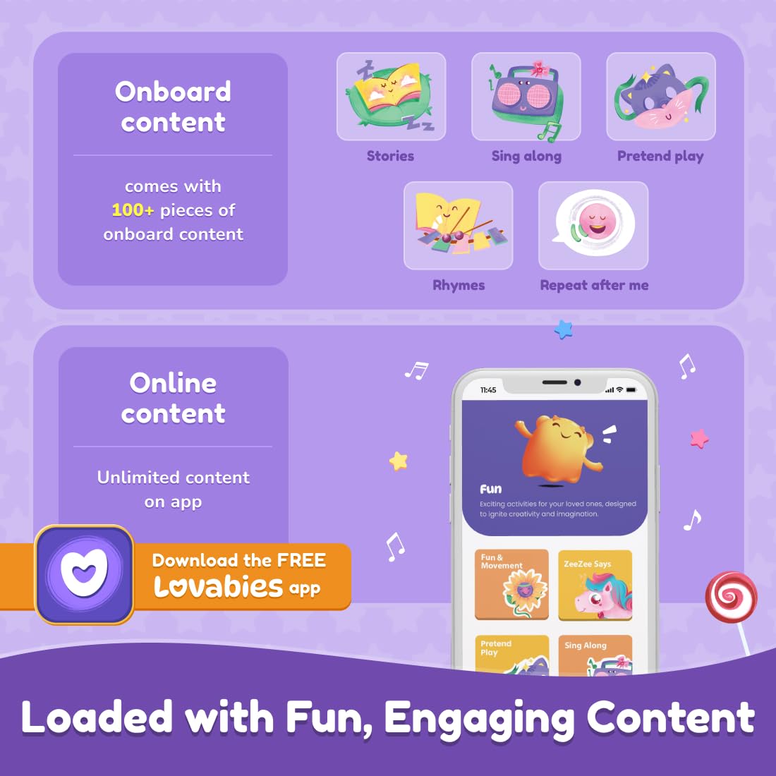 Shifu ZeeZee unicorn shown in Bluetooth mode connected to Lovabies app content.