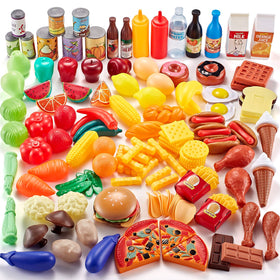 Shimfun 143-piece play food set displayed in a colorful kitchen for imaginative play