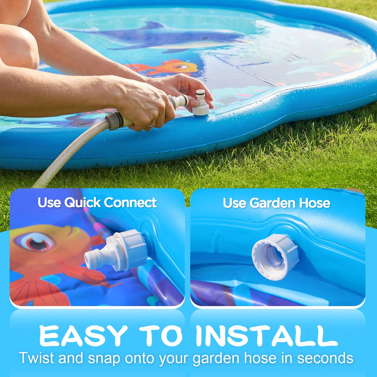 Shinepool splash pad hose connection close-up showing easy setup.