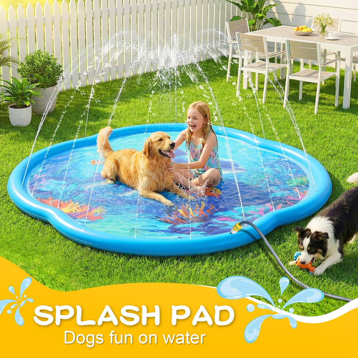 Shinepool splash pad for kids and dogs playing together in sunny yard.