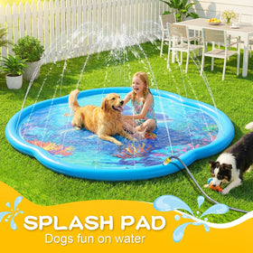 Shinepool splash pad for kids and dogs playing together in sunny yard.