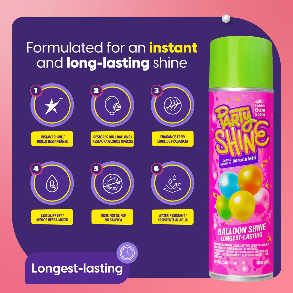 Shiny Fiesta easy-application spray delivers smooth, non-slip coverage on balloons