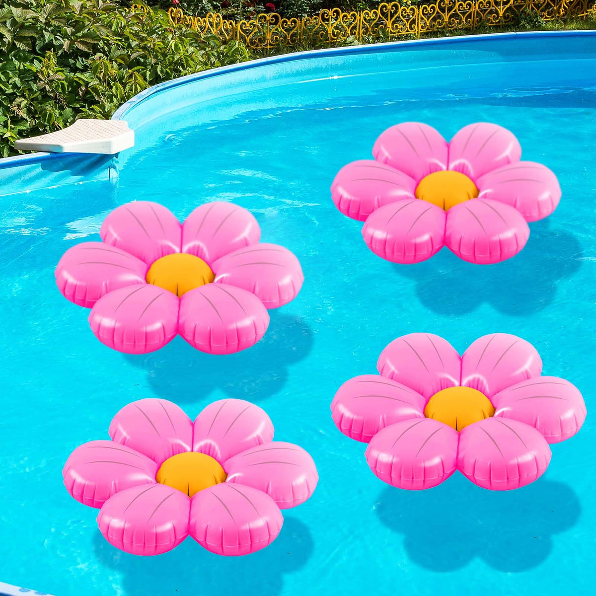 ShinyRelief pink daisy pool float—4-pack, perfect for festive pool parties.