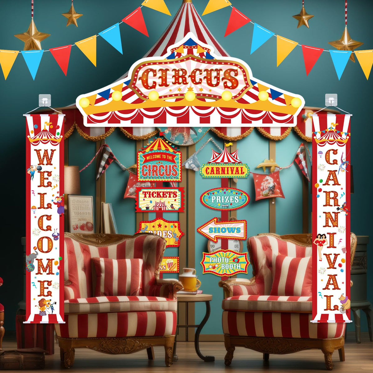 ShinyRelief front door banner circus creates a bold entry point for celebrations.