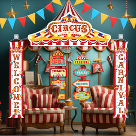 ShinyRelief front door banner circus creates a bold entry point for celebrations.