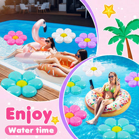 ShinyRelief inflatable daisy pool float setup at beach party.