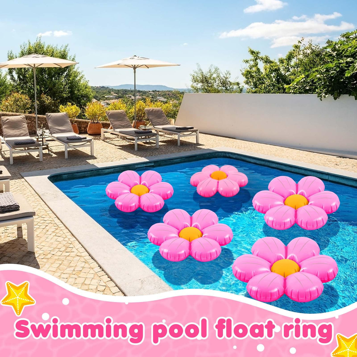 Durable PVC pink daisy pool float for durable, reusable decor.