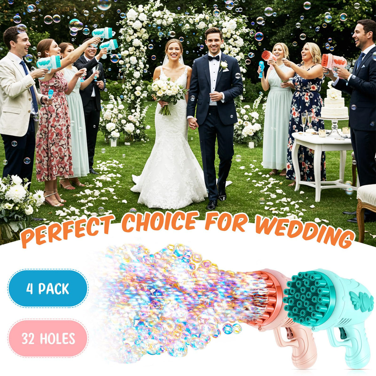 ShinyRelief pink-green wedding bubble gun design enhances ceremony visuals.