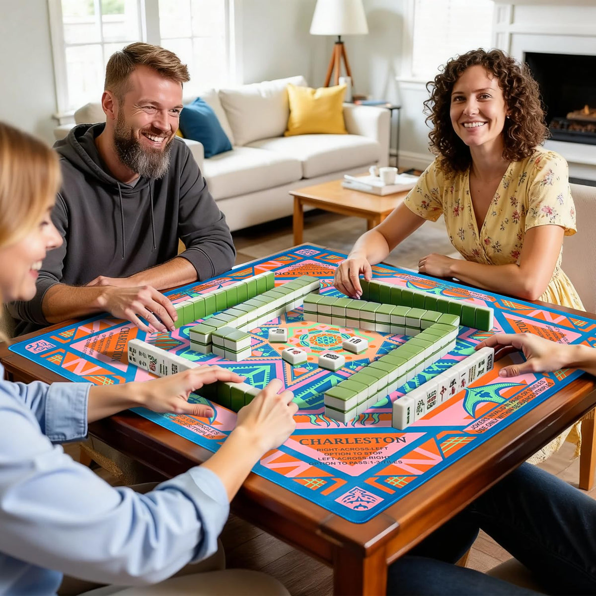 SHIYUE Mahjong mat in blue-orange design brightens any tabletop setup.