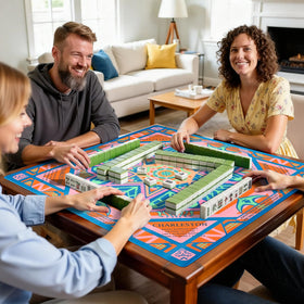 SHIYUE Mahjong mat in blue-orange design brightens any tabletop setup.